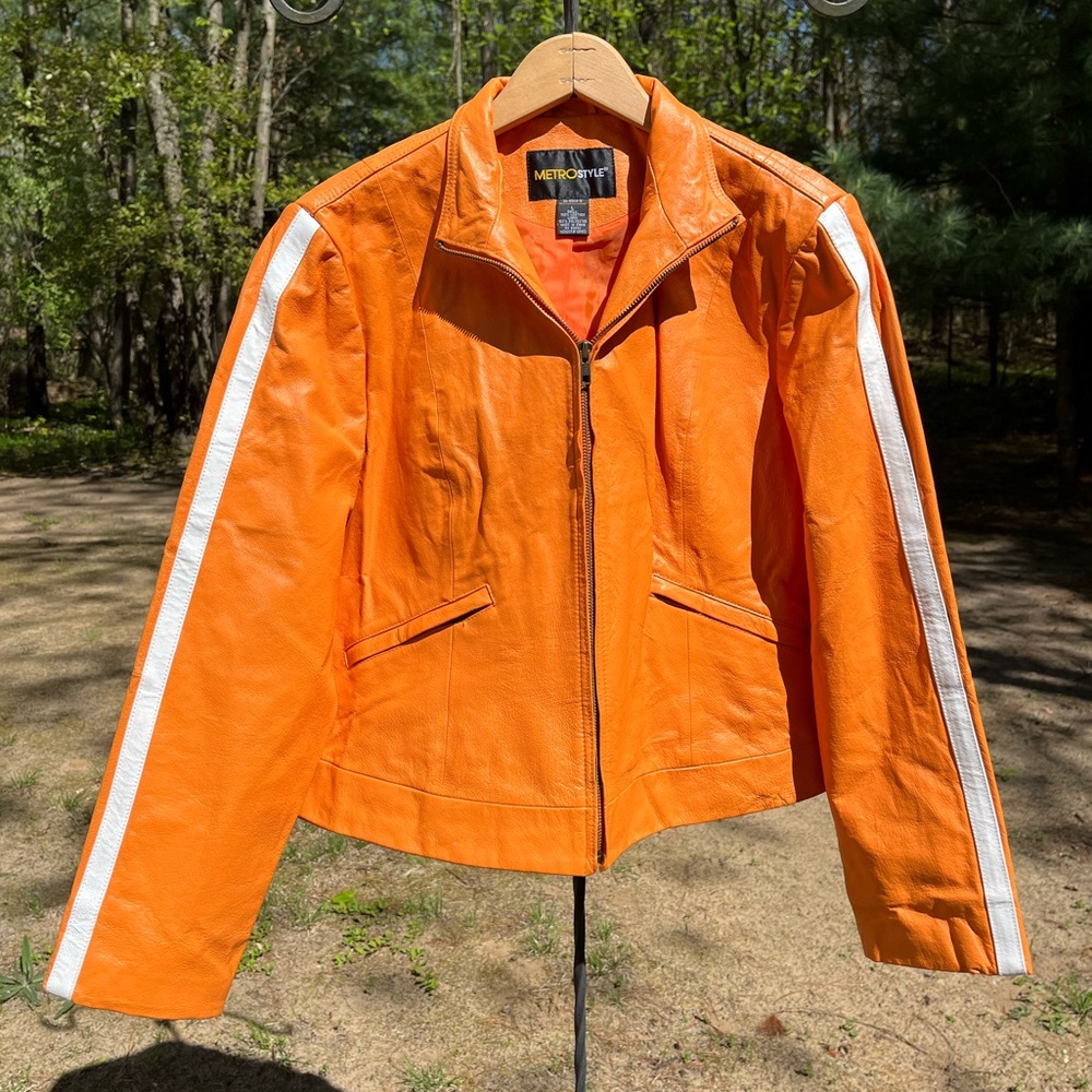 Y2K Metro Style Neon Orange Racing 100% Genuine Leather Jacket Women’s Size L - Picture 4 of 16